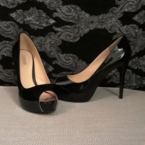 Guess Open Toe Black Patent Leather 5" Pumps